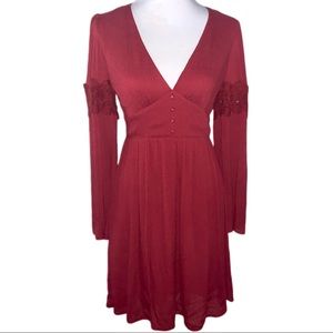 Red PROMESA long bell sleeve v neck dress